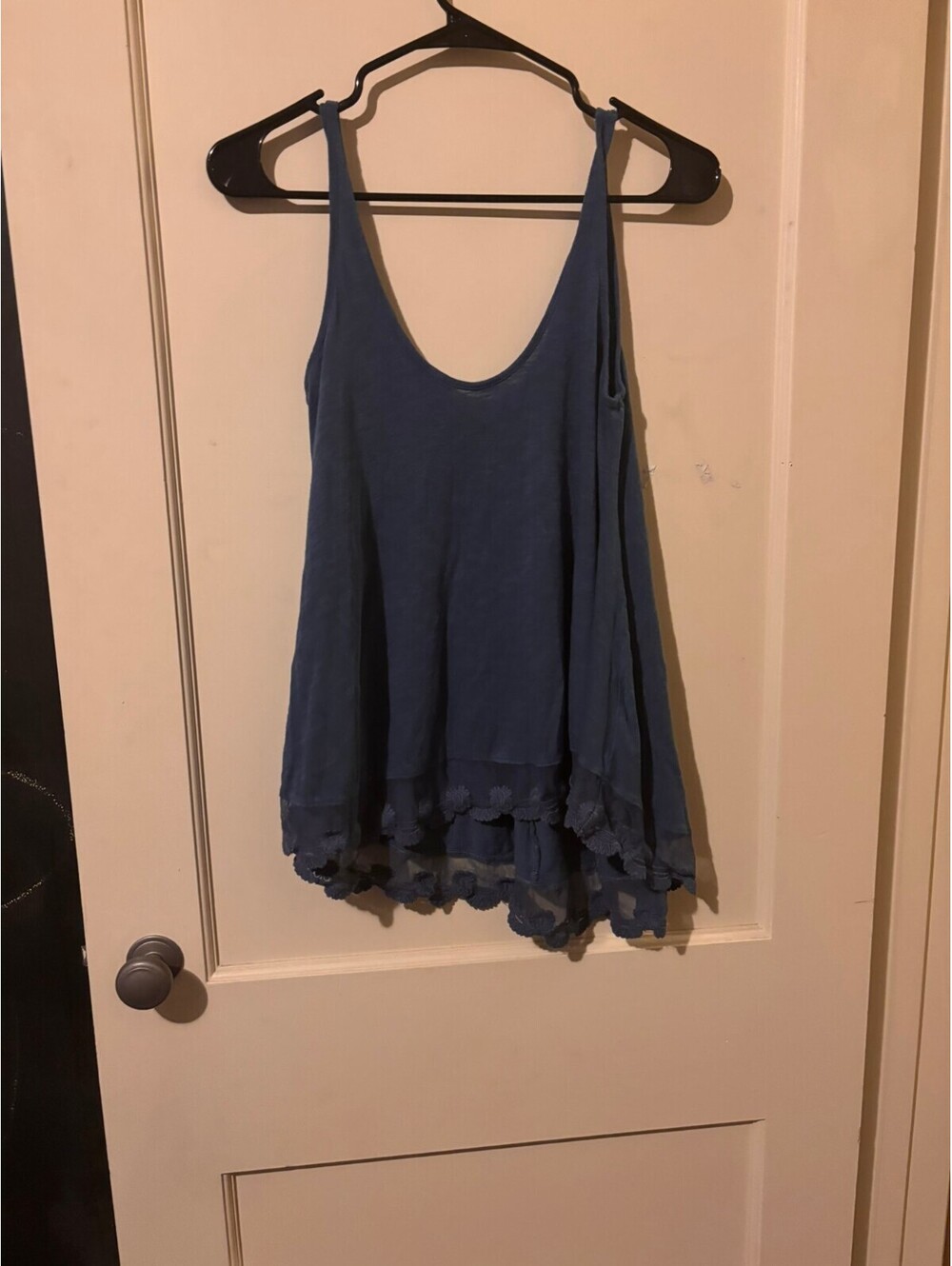 Blue racerback tank top with lace hem Medium